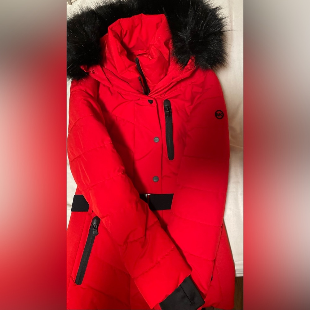 Women's Michael Kors Red Puffer Petite Jacket with Faux Fur Hood